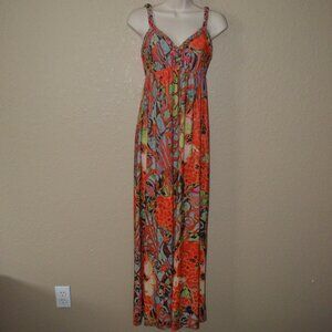 Sz M/L Silvergate Orange Green Print Braided Straps Maxi Dress